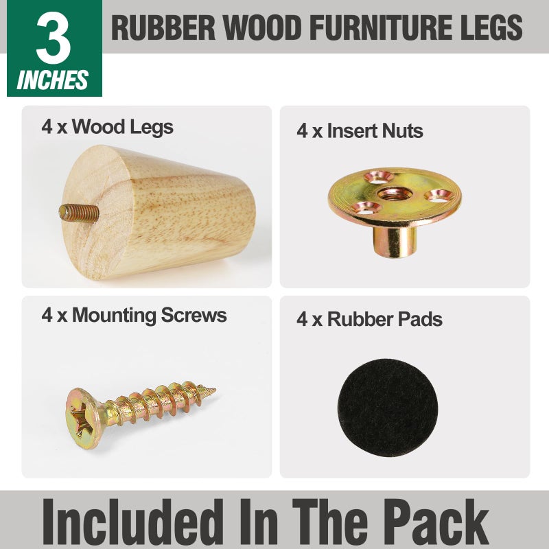 FoDau770 Solid Wood Furniture Legs 3 Inche, Straight Tapered Wood Legs Mid Century Sofa Legs Set of 4, 5/16"" UNC Furniture Feet Wood Replacement Legs for Cabinet Sofa Couch Dresser Chair Ottoman Table - Image 2